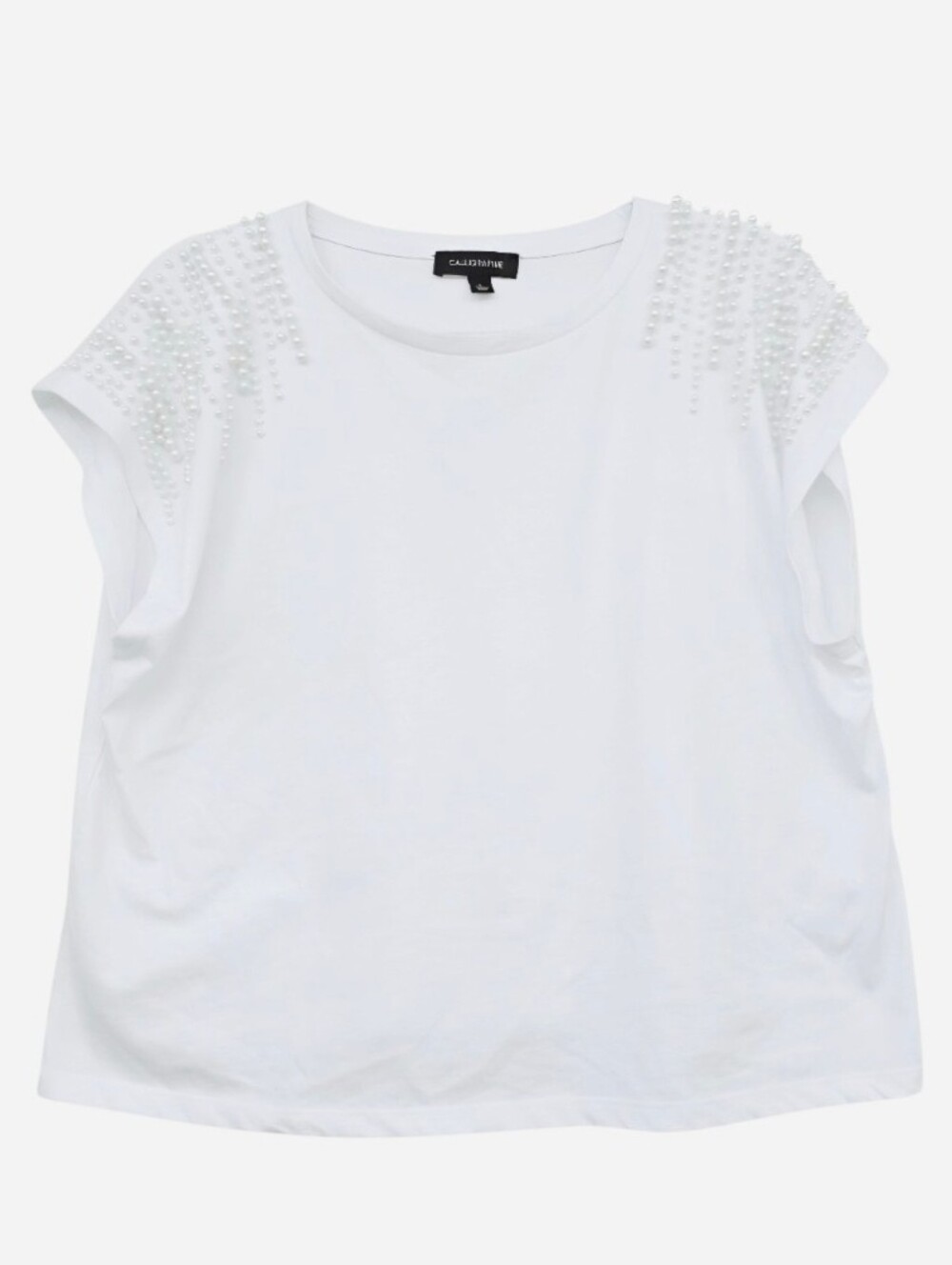 Calligraphie White Dolman Tee With Pearl-Embellished Shoulders, Boxy Crop Size L